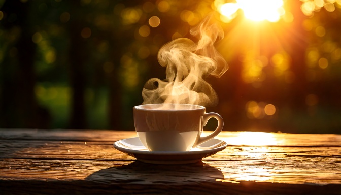 Xícara de café quente sobre mesa rústica de madeira, com vapor visível contra o sol poente ao fundo. A iluminação dourada do pôr-do-sol cria uma atmosfera acolhedora e serena, com foco na textura da madeira e na suavidade do vapor. A composição enfatiza o contraste entre a xícara branca e o fundo desfocado, acrescentando profundidade à cena.